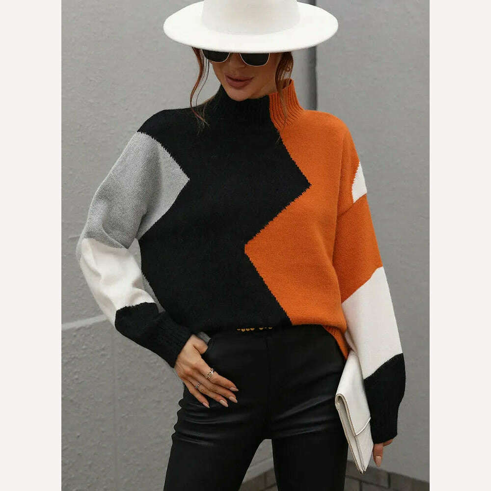 KIMLUD, Sweater Women Fashion Tops 2022 Women Autumn Winter New Loose Color Matching Round Neck Sweater Long Sleeve Pullover Korean, KIMLUD Womens Clothes