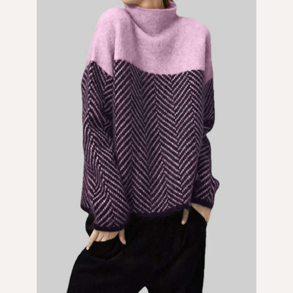 KIMLUD, Sweater Women Korean Fashion Retro Matching Semi-turtleneck Knitted Pullover 2023 Autumn Winter New Loose Sweater Office Lady, Purple / S, KIMLUD Women's Clothes