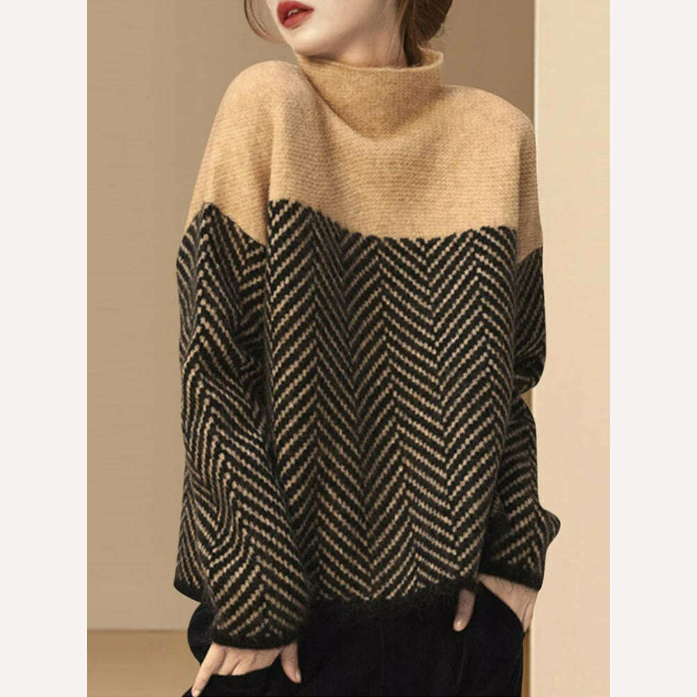 KIMLUD, Sweater Women Korean Fashion Retro Matching Semi-turtleneck Knitted Pullover 2023 Autumn Winter New Loose Sweater Office Lady, Khaki / S, KIMLUD Women's Clothes