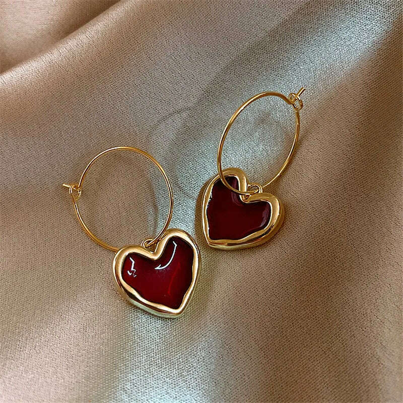 KIMLUD, Sweet Burgundy Enamel Heart Earrings for Women Girl Gold Color Metal Love Heart Hanging Dangle Earrings Vintage Jewelry, 369, KIMLUD Womens Clothes