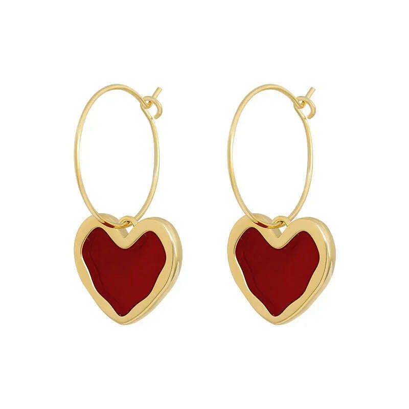 KIMLUD, Sweet Burgundy Enamel Heart Earrings for Women Girl Gold Color Metal Love Heart Hanging Dangle Earrings Vintage Jewelry, KIMLUD Women's Clothes