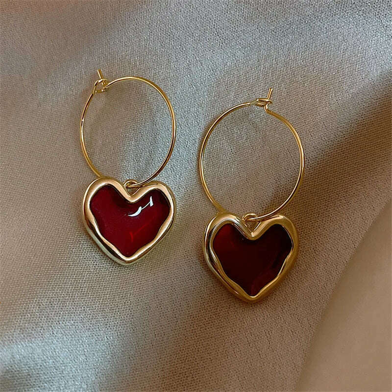 KIMLUD, Sweet Burgundy Enamel Heart Earrings for Women Girl Gold Color Metal Love Heart Hanging Dangle Earrings Vintage Jewelry, KIMLUD Women's Clothes