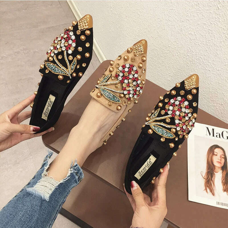 SWYIVY Woman Flats Loafers Shoes Rhinestone Crystal Loafers Ladies Casual Shoes For Women Pointed-Toe Flats Spring and Autumn - KIMLUD