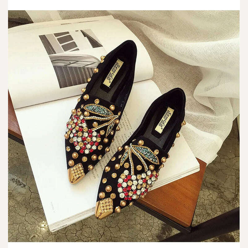 SWYIVY Woman Flats Loafers Shoes Rhinestone Crystal Loafers Ladies Casual Shoes For Women Pointed-Toe Flats Spring and Autumn - KIMLUD