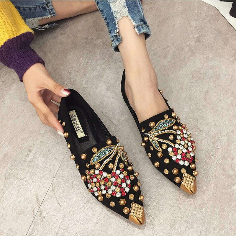 SWYIVY Woman Flats Loafers Shoes Rhinestone Crystal Loafers Ladies Casual Shoes For Women Pointed-Toe Flats Spring and Autumn - KIMLUD