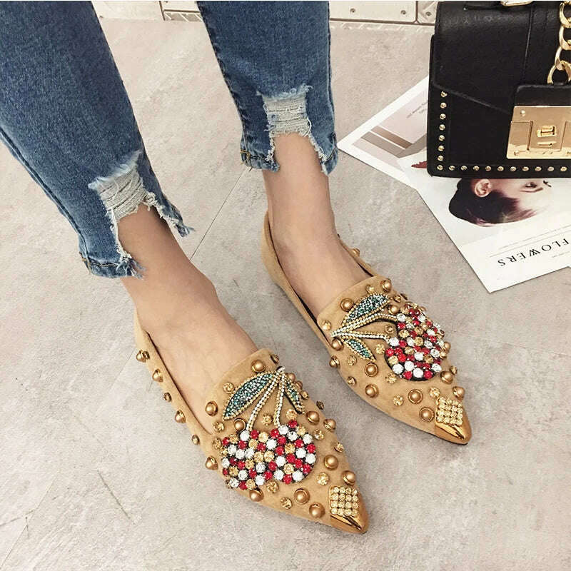 SWYIVY Woman Flats Loafers Shoes Rhinestone Crystal Loafers Ladies Casual Shoes For Women Pointed-Toe Flats Spring and Autumn - KIMLUD