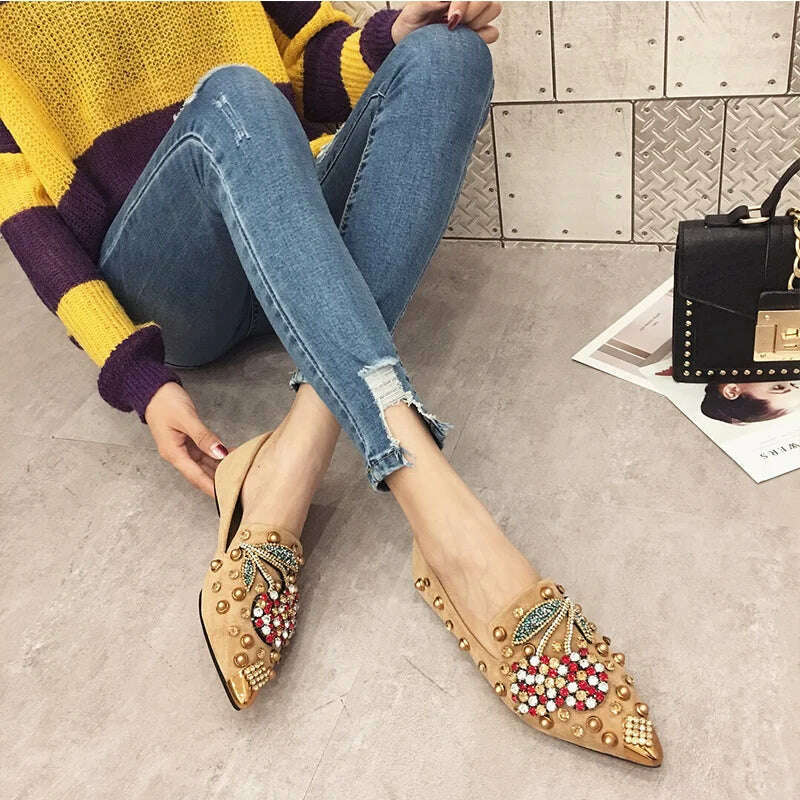 SWYIVY Woman Flats Loafers Shoes Rhinestone Crystal Loafers Ladies Casual Shoes For Women Pointed-Toe Flats Spring and Autumn - KIMLUD
