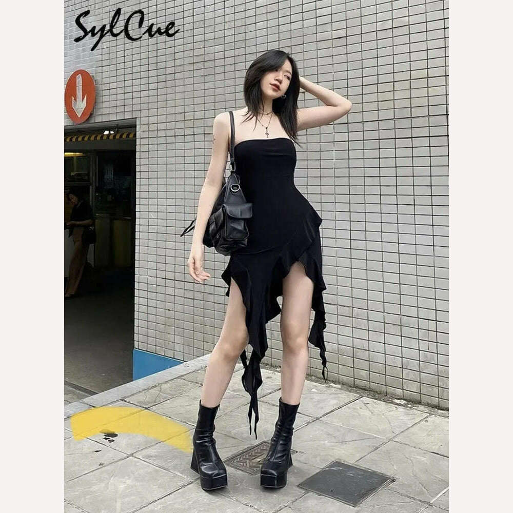Sylcue Simple Black Thin Knitted Breathable High Elastic Sexy Mature Charm Young Girl Women'S Irregular Summer Wrap Dress, KIMLUD Women's Clothes