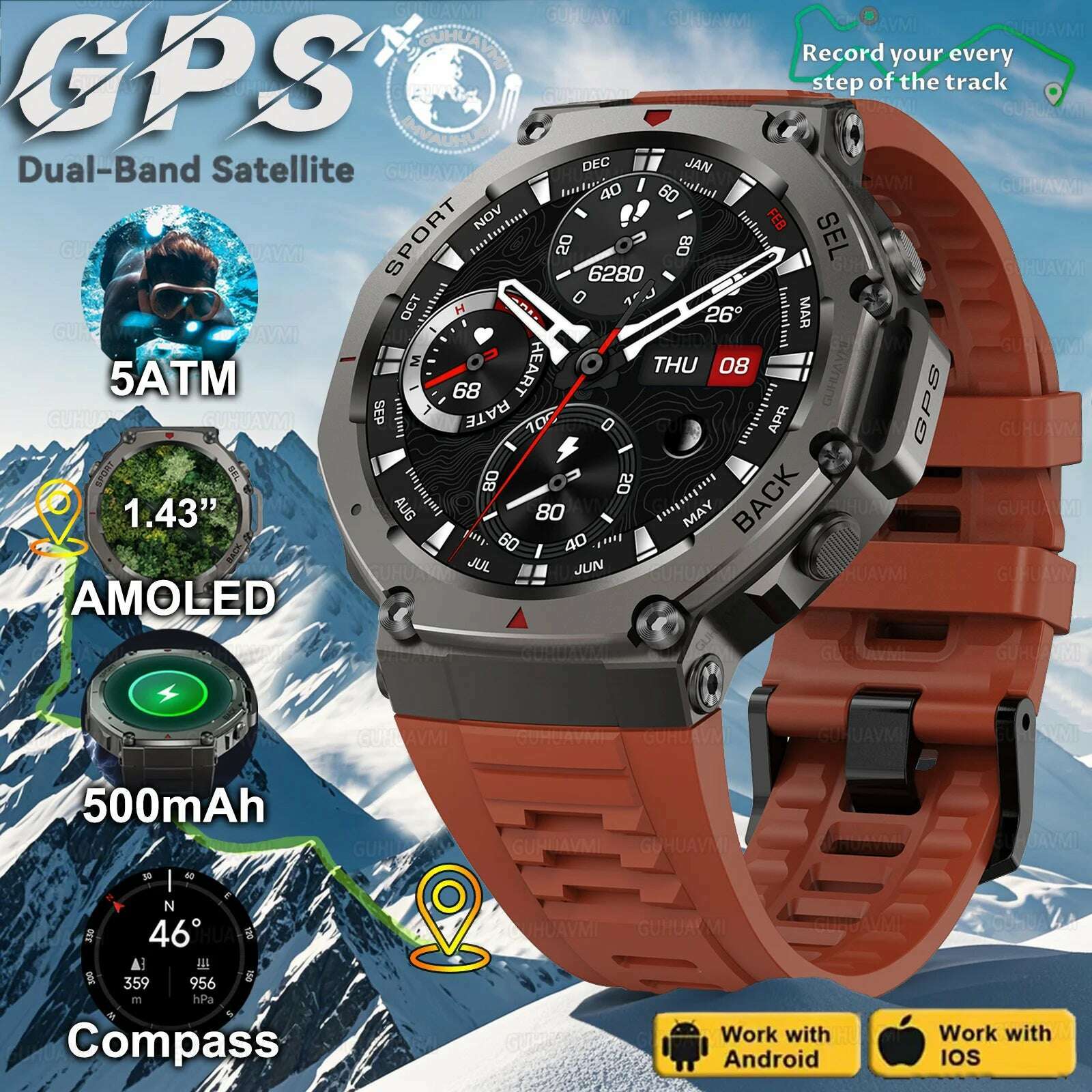 KIMLUD, T-Rex 3 Built-in Dual-band GPS Smart Watch Men Smartwatch Compass Altimeter Barometric 5ATM IP69K Waterproof AMOLED HD Watches, Red / GUHUAVMI T-Rex 3, KIMLUD APPAREL - Womens Clothes