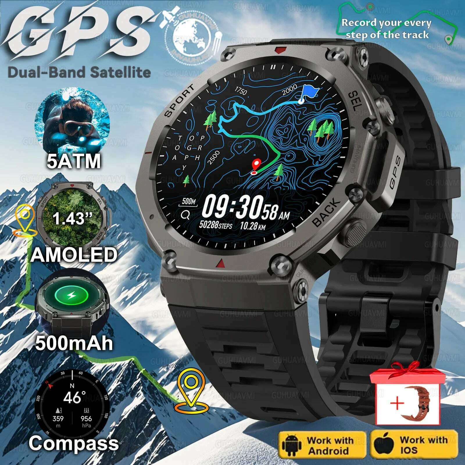 KIMLUD, T-Rex 3 Built-in Dual-band GPS Smart Watch Men Smartwatch Compass Altimeter Barometric 5ATM IP69K Waterproof AMOLED HD Watches, Black Red silicone 2 / GUHUAVMI T-Rex 3, KIMLUD APPAREL - Womens Clothes
