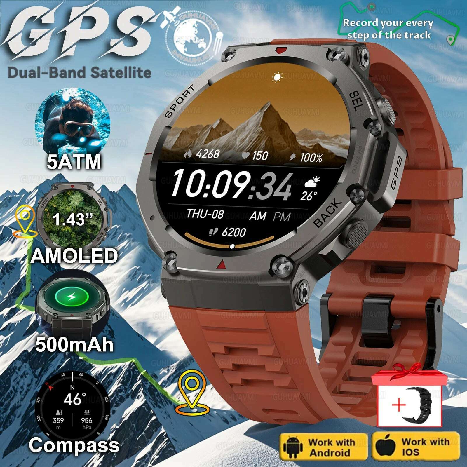 KIMLUD, T-Rex 3 Built-in Dual-band GPS Smart Watch Men Smartwatch Compass Altimeter Barometric 5ATM IP69K Waterproof AMOLED HD Watches, Red Black silicone 2 / GUHUAVMI T-Rex 3, KIMLUD APPAREL - Womens Clothes