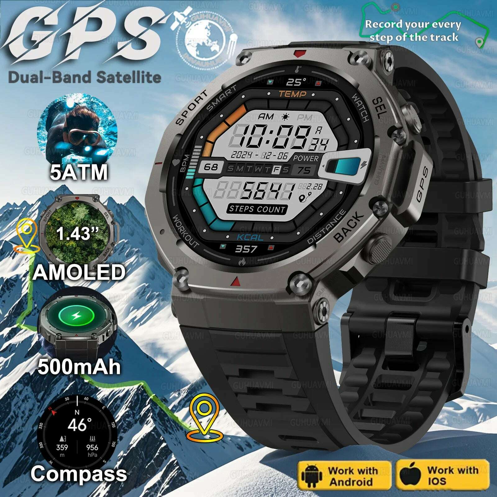 KIMLUD, T-Rex 3 Built-in Dual-band GPS Smart Watch Men Smartwatch Compass Altimeter Barometric 5ATM IP69K Waterproof AMOLED HD Watches, Black / GUHUAVMI T-Rex 3, KIMLUD APPAREL - Womens Clothes