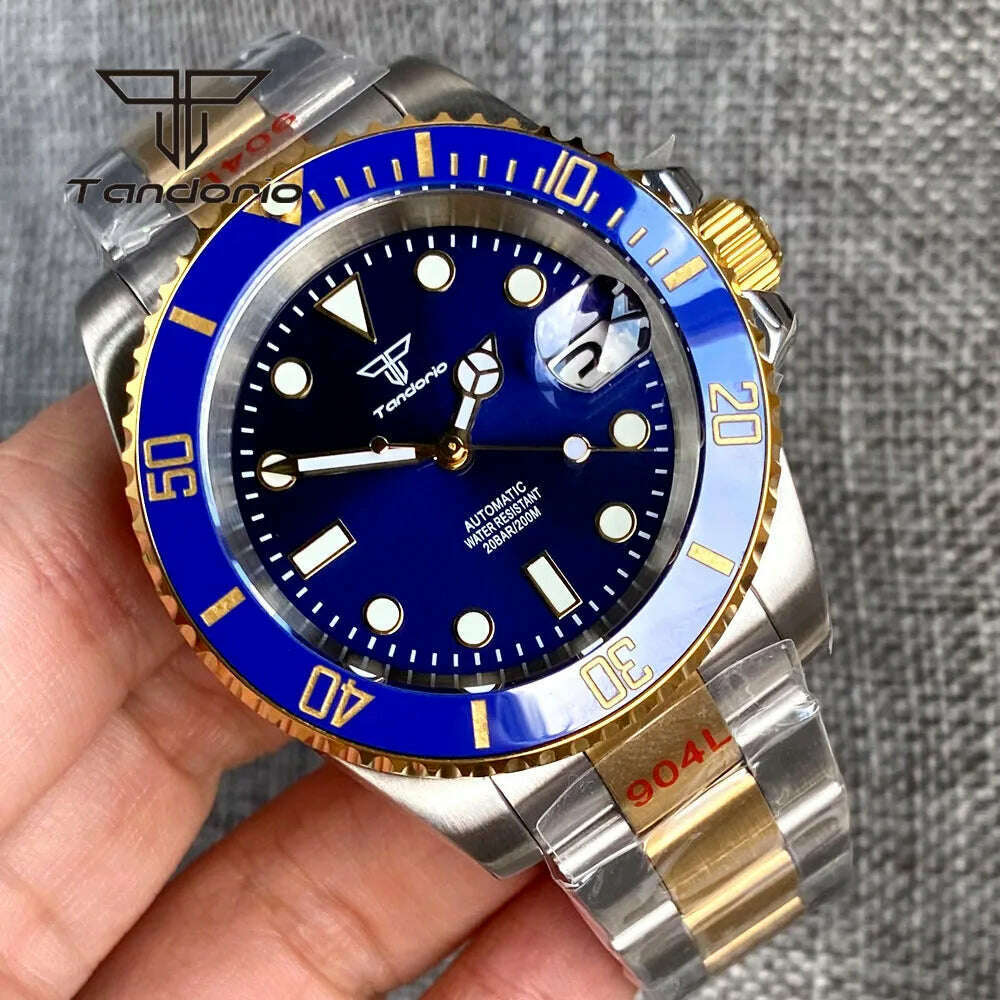 KIMLUD, Tandorio Two Tone Golden 40mm Men's Automatic Dive Watch Sapphire Glass Rotating Bezel Bracelet Luminous NH35 Movement, blue logo dial / steel back, KIMLUD Womens Clothes