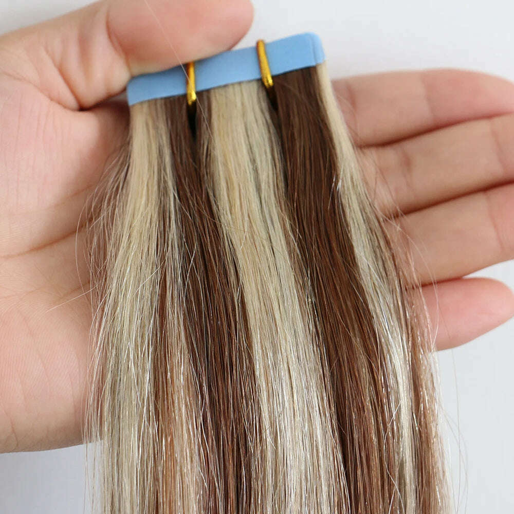 KIMLUD, Tape in Human Hair Extensions 20pcs Tape Hair Extensions 100% Human Remy European Straight Adhensive Tape on Hair, P6/613 / 20pcs / >=35% | 16inches, KIMLUD Womens Clothes