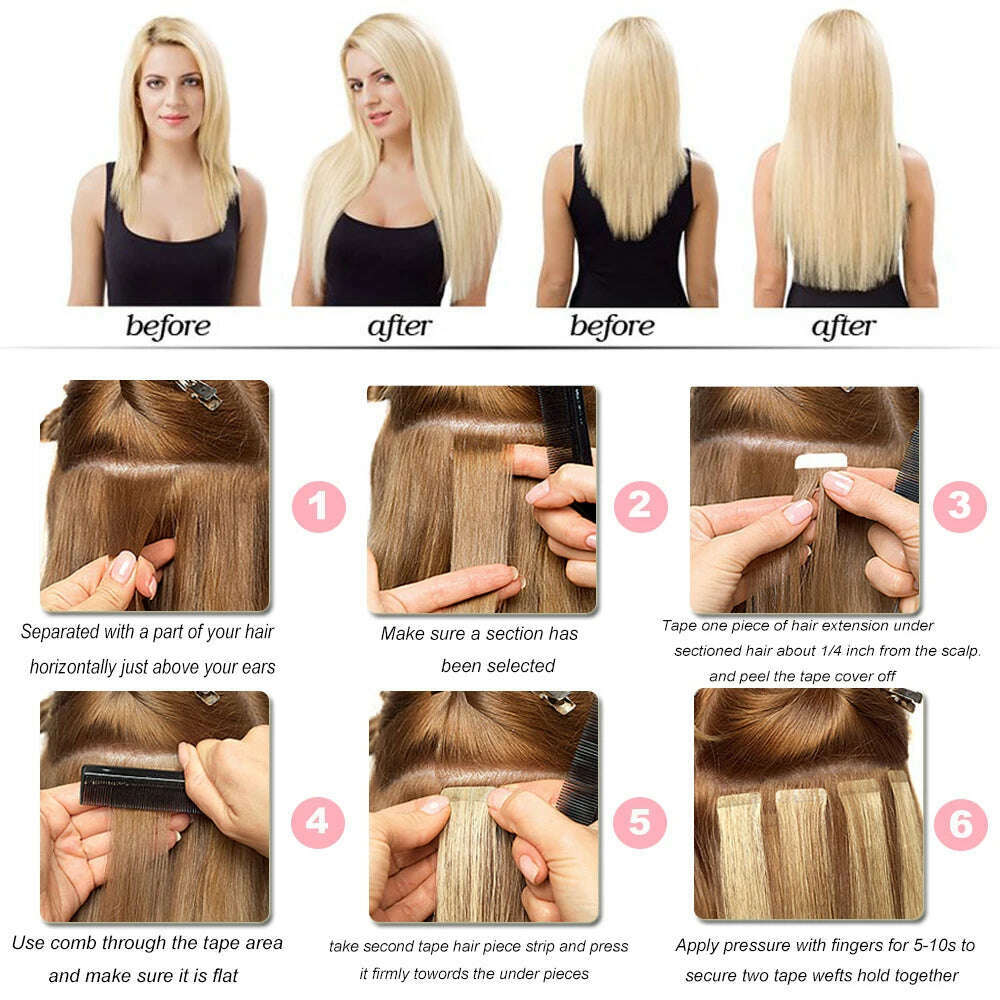 KIMLUD, Tape in Human Hair Extensions 20pcs Tape Hair Extensions 100% Human Remy European Straight Adhensive Tape on Hair, KIMLUD Womens Clothes