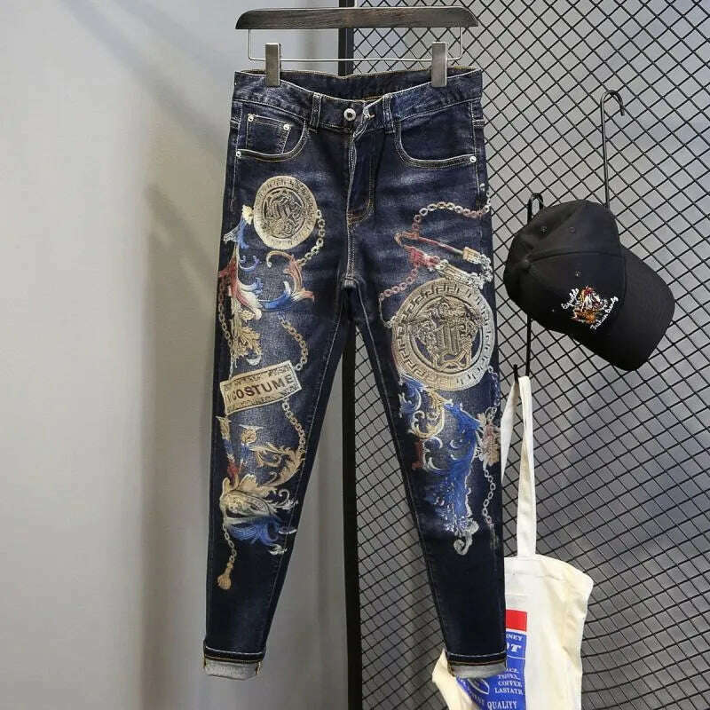 KIMLUD, Tapered Graphic Jeans for Men with Print Hip Hop Motorcycle Mens Cowboy Pants Boot Cut Summer High Quality Straight Xs Trousers, KIMLUD Womens Clothes