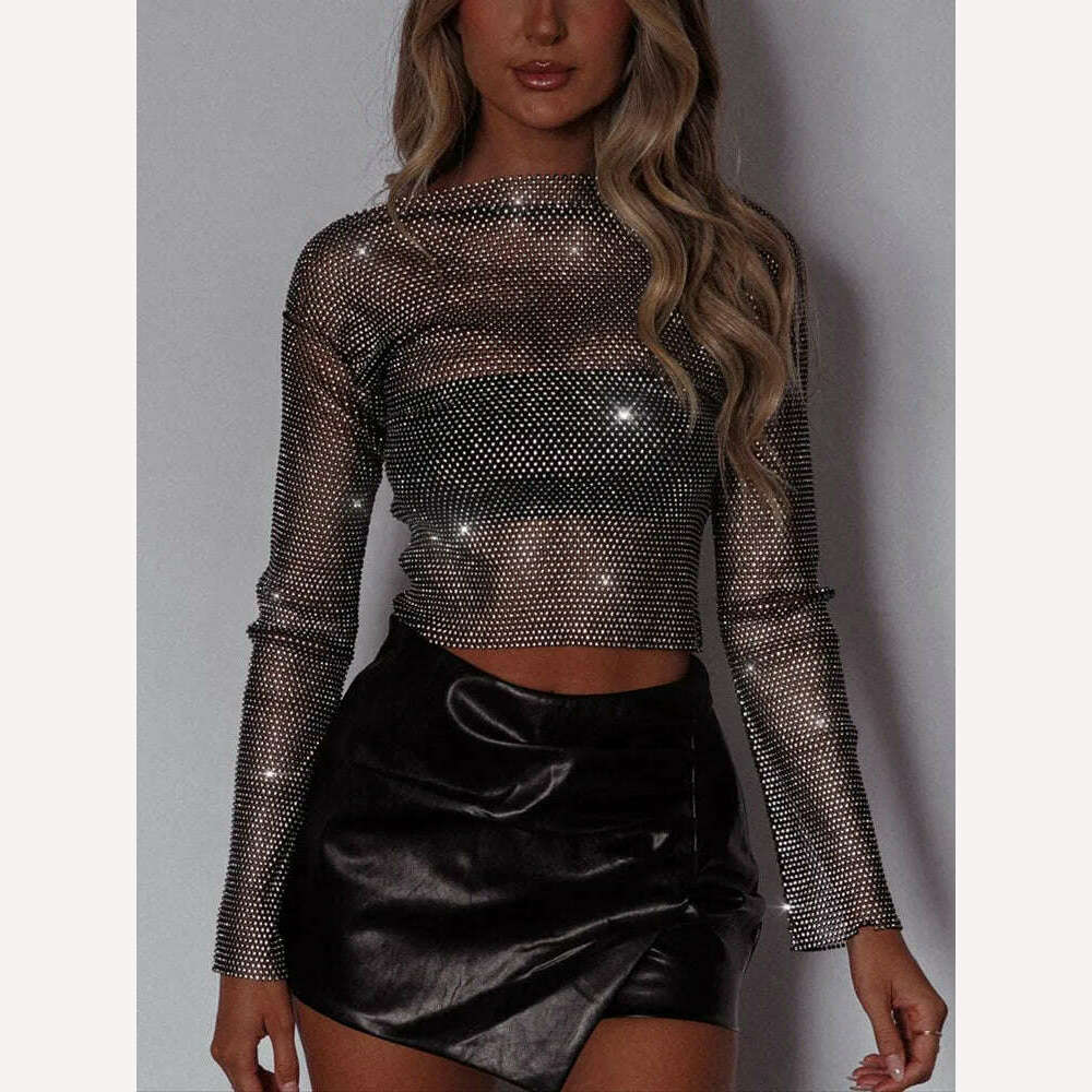 KIMLUD, TARUXY Evening Club Party Sparkly Tops For Women Diamonds Cropped Top Outfits Y2k Accessories Hollow Out Glitter Fishnet Tops, KIMLUD Womens Clothes
