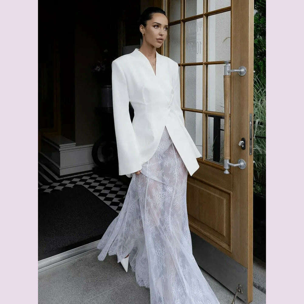 TARUXY Slim White Button Blazer Coat For Women V Neck Long Sleeve Office Lady Coat Slit High Waisted Outwear Autumn Winter New - KIMLUD