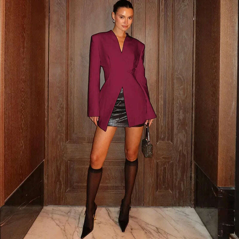 TARUXY Slim White Button Blazer Coat For Women V Neck Long Sleeve Office Lady Coat Slit High Waisted Outwear Autumn Winter New - KIMLUD