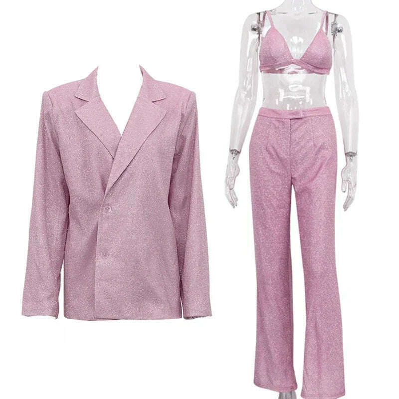 KIMLUD, TARUXY Sliver Sparkly OVersized Blazer Sets For Women Suit Ladies Casual Glitter Coat And Pants Sets Blazer Femme Mujer Party, Pink (Three-Pieces) / S, KIMLUD Womens Clothes