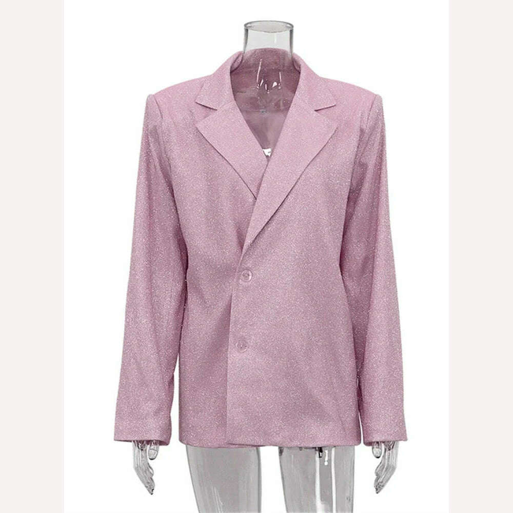 KIMLUD, TARUXY Sliver Sparkly OVersized Blazer Sets For Women Suit Ladies Casual Glitter Coat And Pants Sets Blazer Femme Mujer Party, Pink Blazer / XL, KIMLUD Women's Clothes