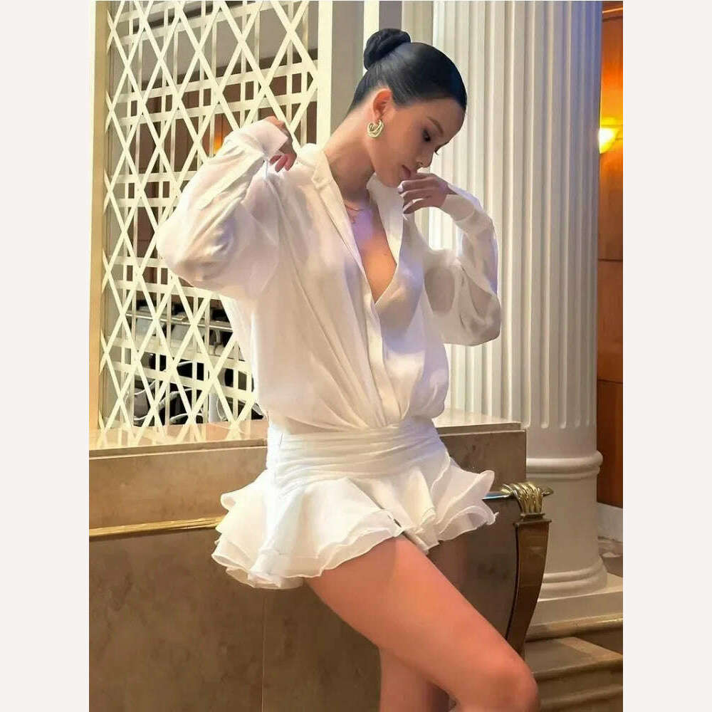 TARUXY White Chiffon Mini Dress For Women Casual Loose Oversized Pleated Mini Dress See-through Summer Beach Elegant Shirt Dress - KIMLUD