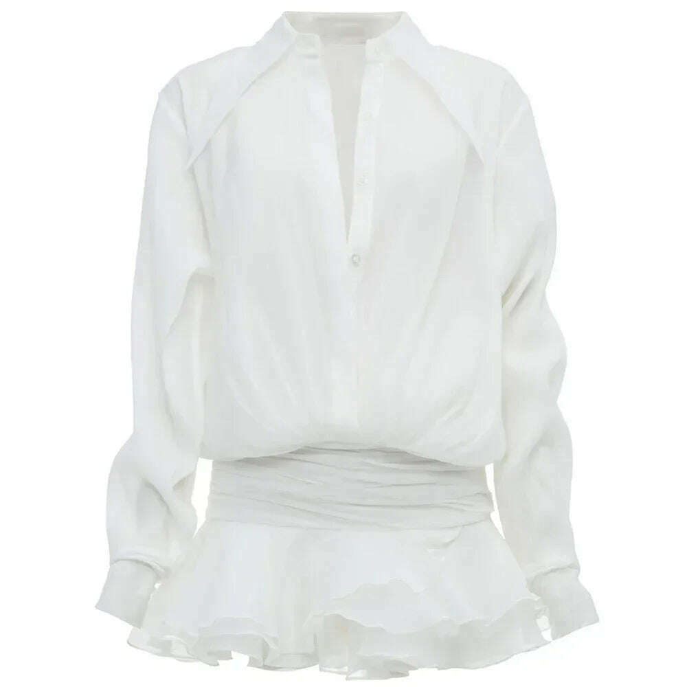 KIMLUD, TARUXY White Chiffon Mini Dress For Women Casual Loose Oversized Pleated Mini Dress See-through Summer Beach Elegant Shirt Dress, KIMLUD Womens Clothes