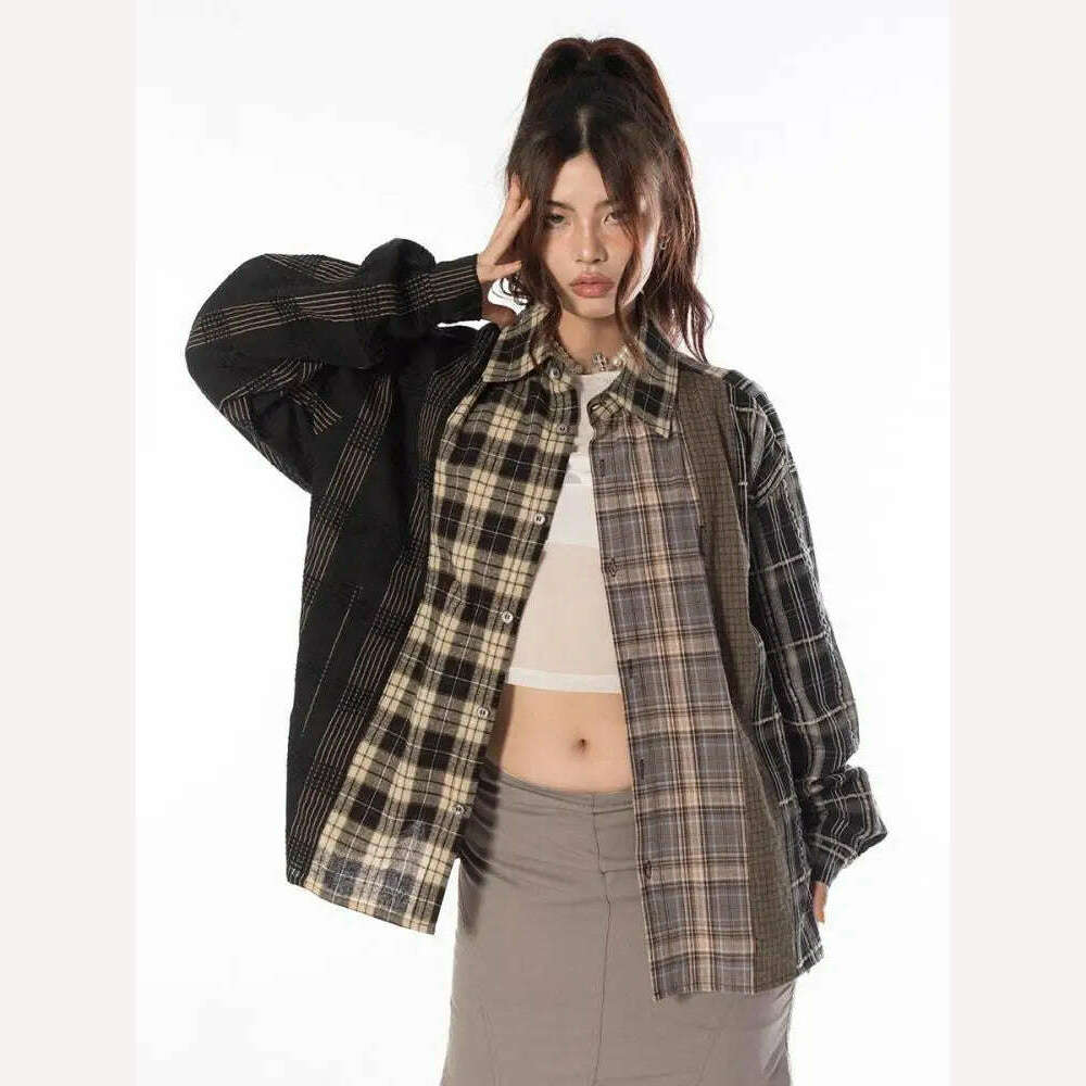 KIMLUD, Tawaaiw Streetwear Patchwork Plaid Shirt Women Long Sleeve Korean Style Single Breasted High Quality Cotton Loose Blouse Chic, KIMLUD Womens Clothes