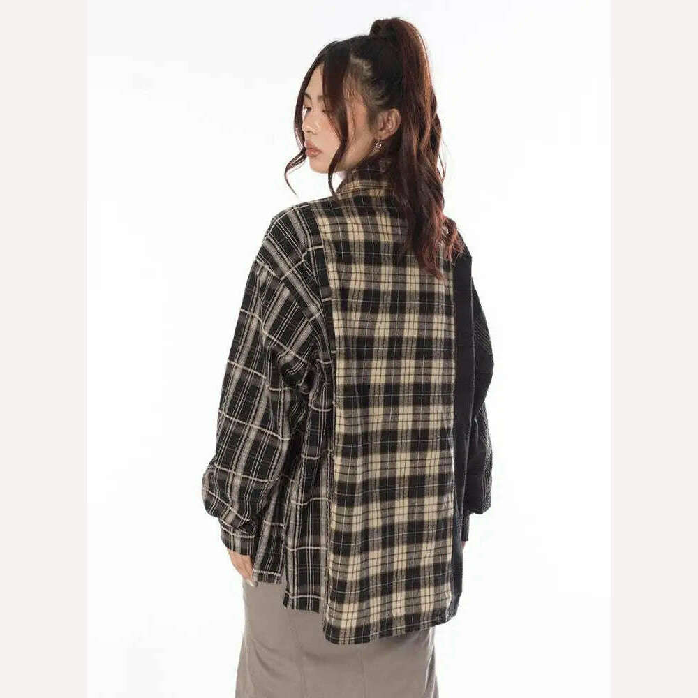 KIMLUD, Tawaaiw Streetwear Patchwork Plaid Shirt Women Long Sleeve Korean Style Single Breasted High Quality Cotton Loose Blouse Chic, KIMLUD Women's Clothes
