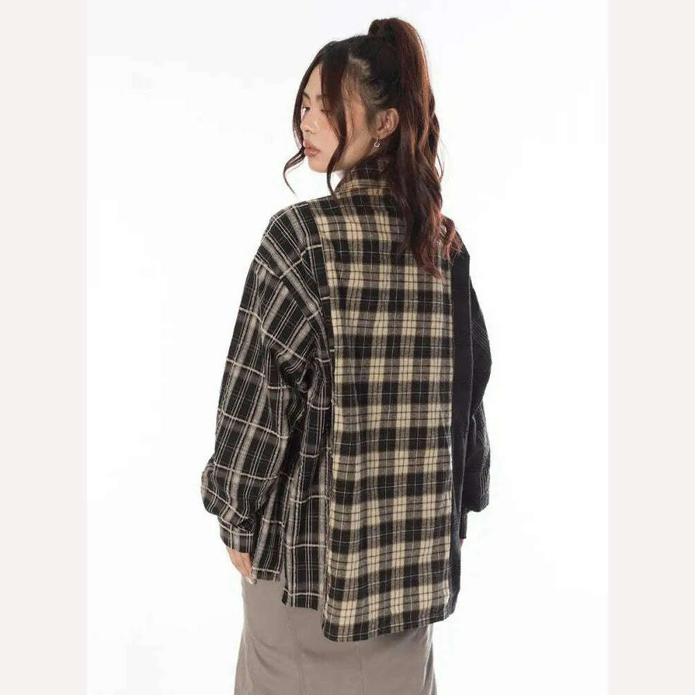 Tawaaiw Streetwear Patchwork Plaid Shirt Women Long Sleeve Korean Style Single Breasted High Quality Cotton Loose Blouse Chic - KIMLUD