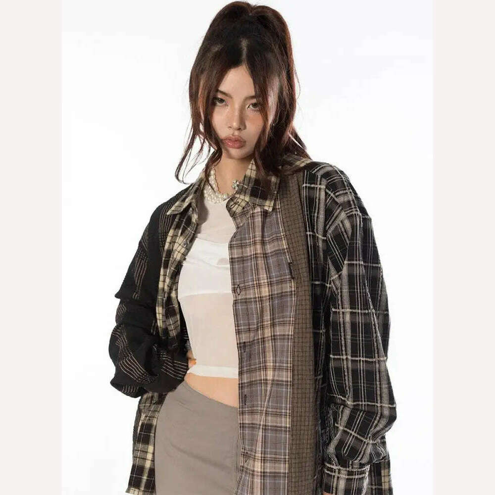 Tawaaiw Streetwear Patchwork Plaid Shirt Women Long Sleeve Korean Style Single Breasted High Quality Cotton Loose Blouse Chic - KIMLUD