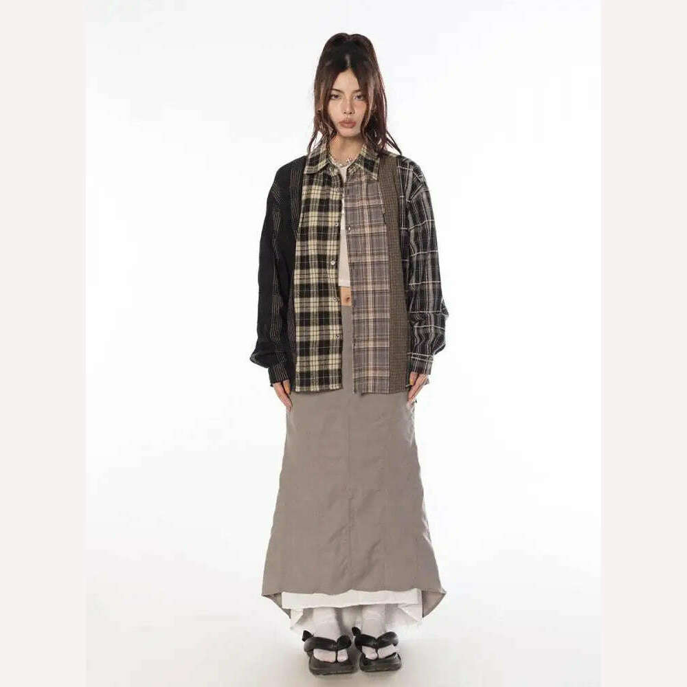Tawaaiw Streetwear Patchwork Plaid Shirt Women Long Sleeve Korean Style Single Breasted High Quality Cotton Loose Blouse Chic - KIMLUD
