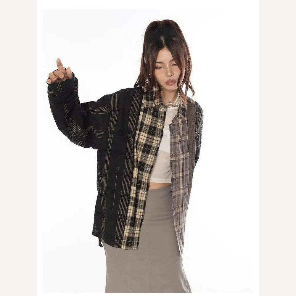 Tawaaiw Streetwear Patchwork Plaid Shirt Women Long Sleeve Korean Style Single Breasted High Quality Cotton Loose Blouse Chic - KIMLUD