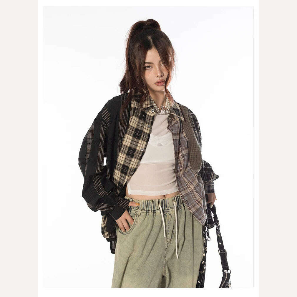 Tawaaiw Streetwear Patchwork Plaid Shirt Women Long Sleeve Korean Style Single Breasted High Quality Cotton Loose Blouse Chic - KIMLUD