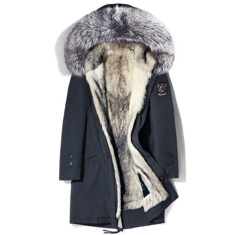 Tcyeek Men's Sliver Fox Fur Collar Coat Winter Natural Wolf Fur Jacket Men Clothes Mid-length Real Fur Parka Menteau Homme Luxe, Navy / L, KIMLUD Women's Clothes