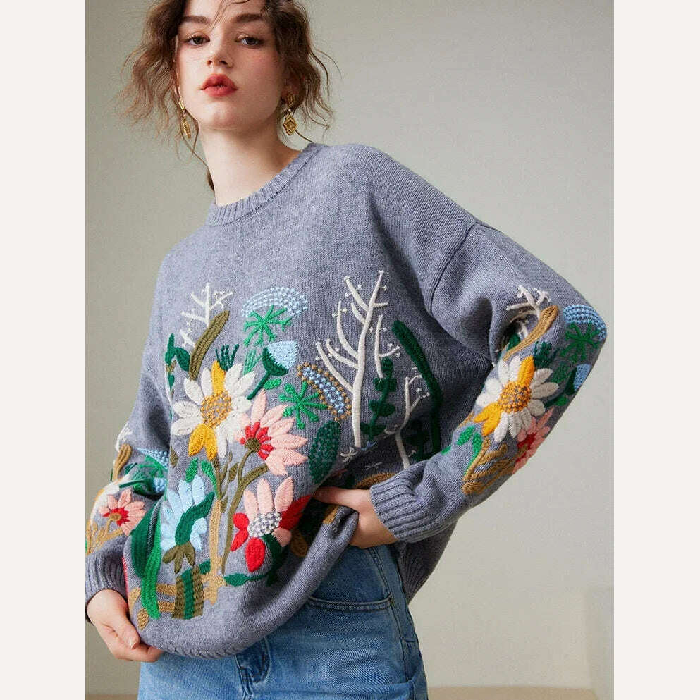 KIMLUD, TEELYNN Vintage Boho Floral Embroidery Pullovers Sweaters for Women Casual Long Sleeve Sweater Jumpers Autumn Winter knit Tops, KIMLUD Womens Clothes