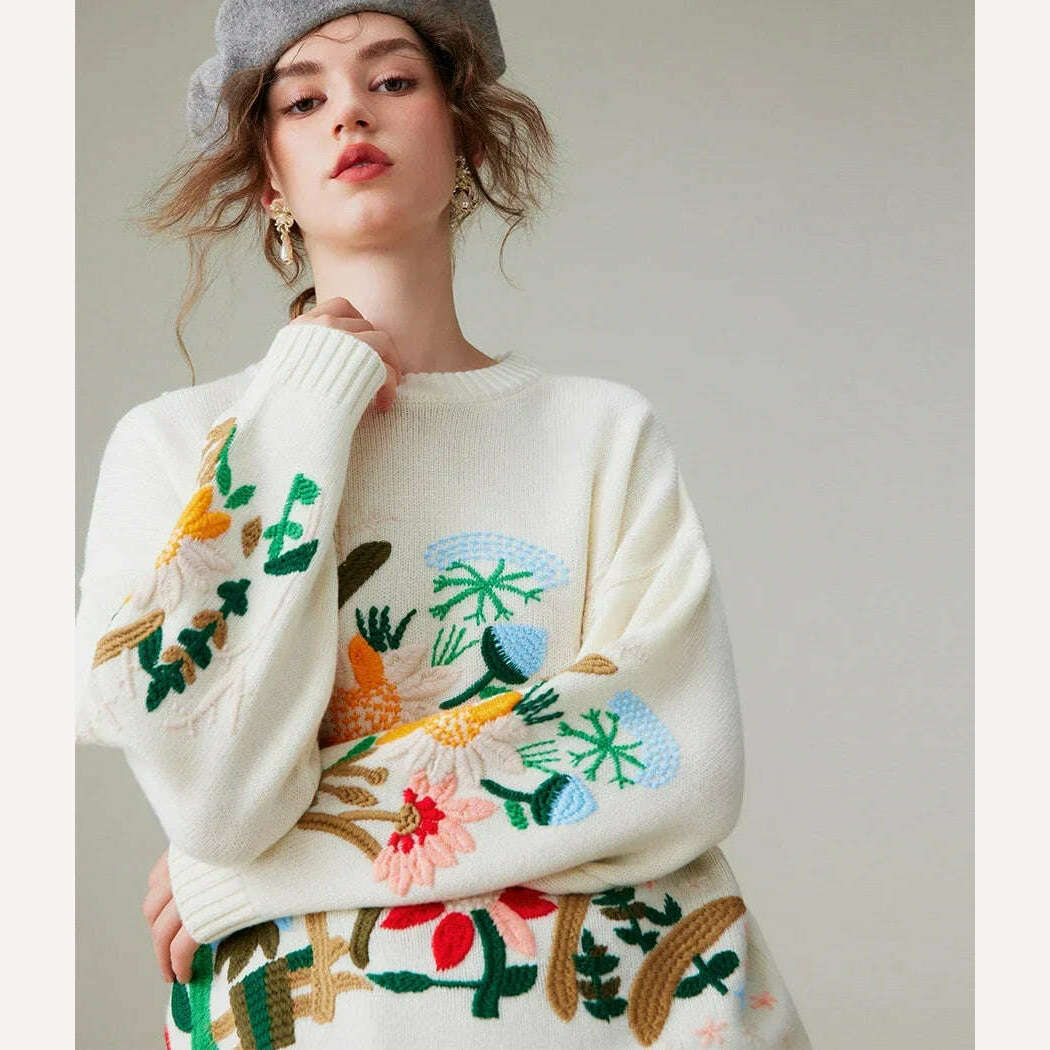 KIMLUD, TEELYNN Vintage Boho Floral Embroidery Pullovers Sweaters for Women Casual Long Sleeve Sweater Jumpers Autumn Winter knit Tops, KIMLUD Womens Clothes