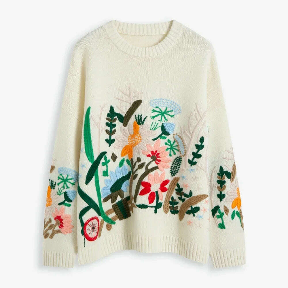 KIMLUD, TEELYNN Vintage Boho Floral Embroidery Pullovers Sweaters for Women Casual Long Sleeve Sweater Jumpers Autumn Winter knit Tops, high quality 2 / S, KIMLUD APPAREL - Womens Clothes