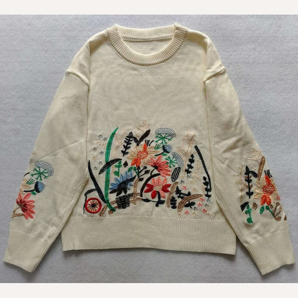KIMLUD, TEELYNN Vintage Boho Floral Embroidery Pullovers Sweaters for Women Casual Long Sleeve Sweater Jumpers Autumn Winter knit Tops, Small embroidery / S, KIMLUD APPAREL - Womens Clothes