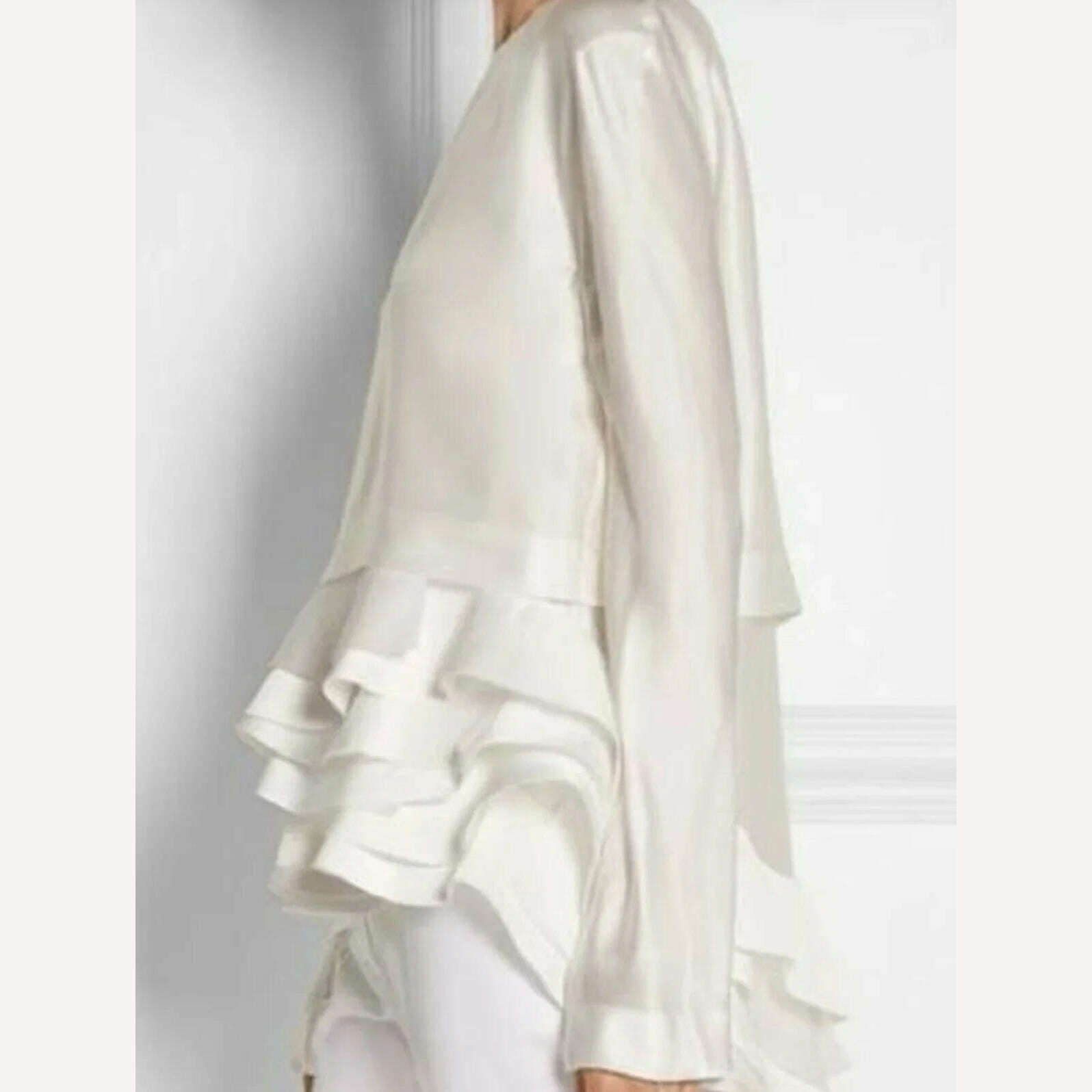 KIMLUD, Temperament Women Solid Color Shirt Ruffle Elegant Flare Sleeve Ruffle Layered Hem Shirt Office Lady Round Neck Blouse for Women, KIMLUD Womens Clothes