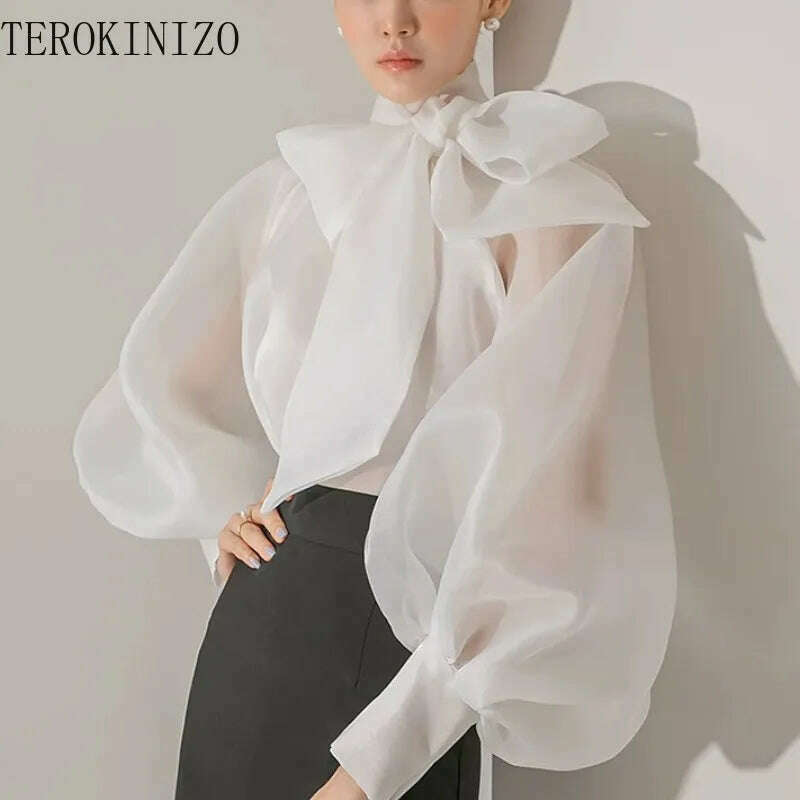 KIMLUD, TEROKINIZO Bow Knot Lace Up Chiffon Blouse Women High Street See Through Solid Color Shirts Female Temperament Blusas Mujer, KIMLUD Womens Clothes