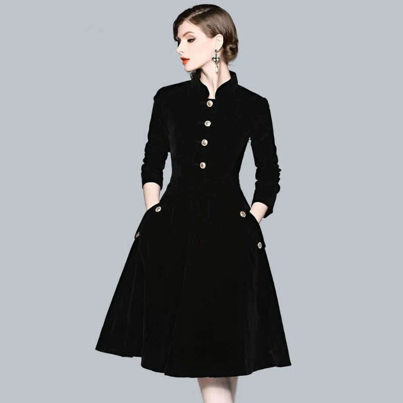 KIMLUD, TESSCARA Women Autumn & Winter Elegant Velvet Dress Festa High Quality Vintage Party Robe Femme A-Line Designer Black Vestidos, KIMLUD Womens Clothes