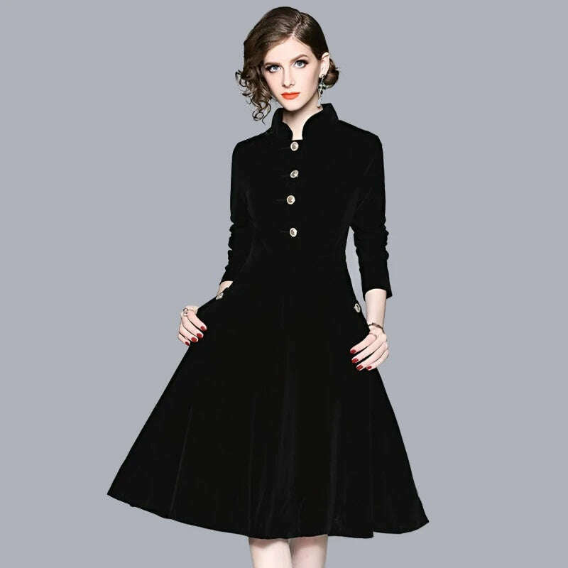 KIMLUD, TESSCARA Women Autumn & Winter Elegant Velvet Dress Festa High Quality Vintage Party Robe Femme A-Line Designer Black Vestidos, KIMLUD Womens Clothes