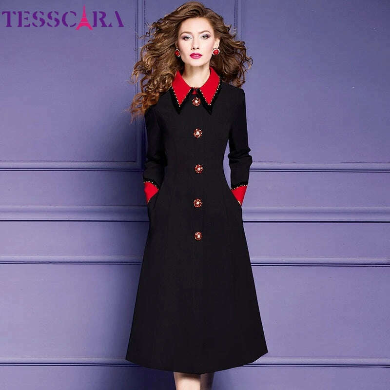 KIMLUD, TESSCARA Women Autumn Winter Luxury Beading Dress High Quality Elegant Office Cocktail Party Vintage Designer Business Vestidos, Black / 4XL, KIMLUD Womens Clothes