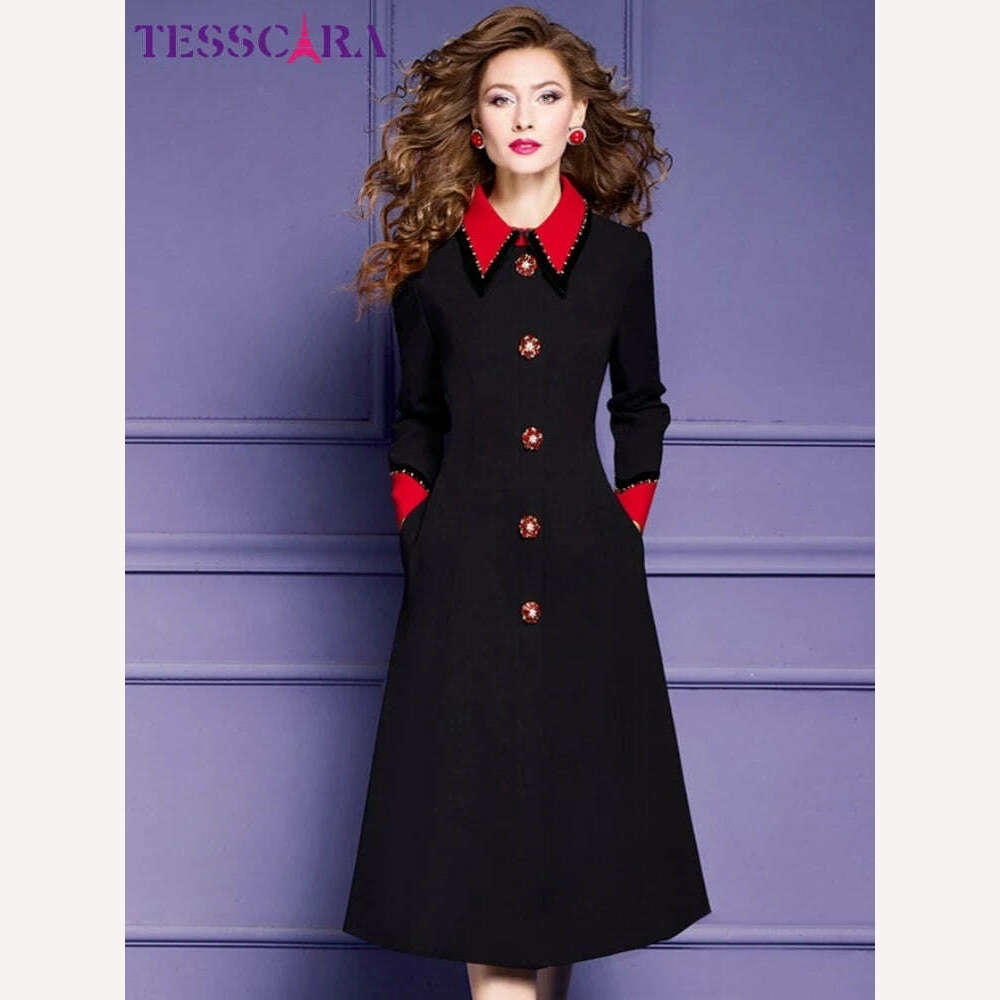 KIMLUD, TESSCARA Women Autumn Winter Luxury Beading Dress High Quality Elegant Office Cocktail Party Vintage Designer Business Vestidos, KIMLUD Womens Clothes