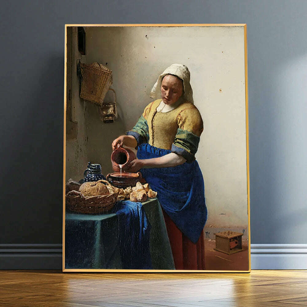KIMLUD, The Milkmaid By Johannes Vermeer Woman Famous Canvas Oil Painting Posters and Prints Wall Art Picture Living Room Decor Cuadros, KIMLUD Womens Clothes