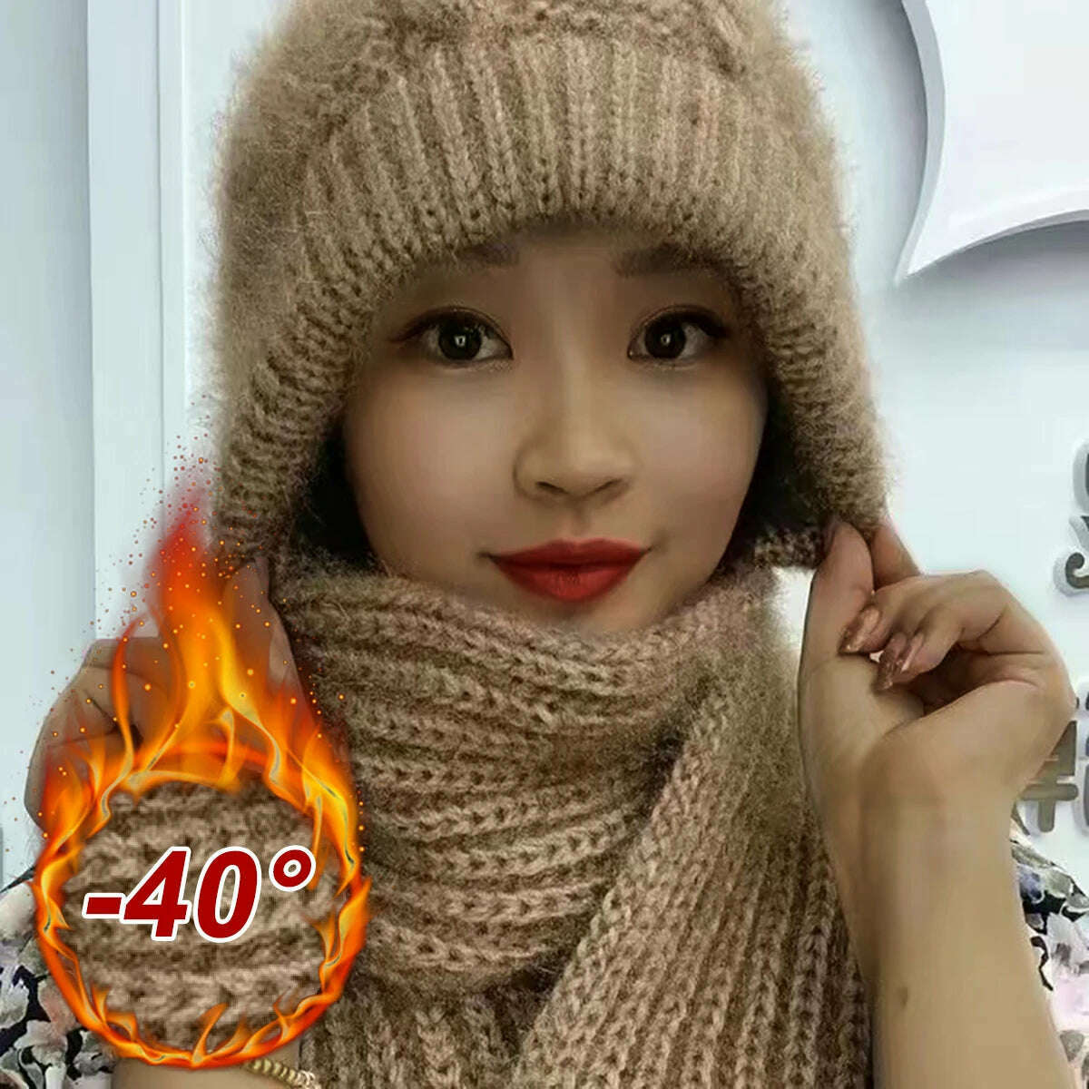 KIMLUD, The new padded and thickened scarf all-in-one wind and snow cap fall and winter squirrel velvet wool cap warm net red cap, khaki, KIMLUD Womens Clothes