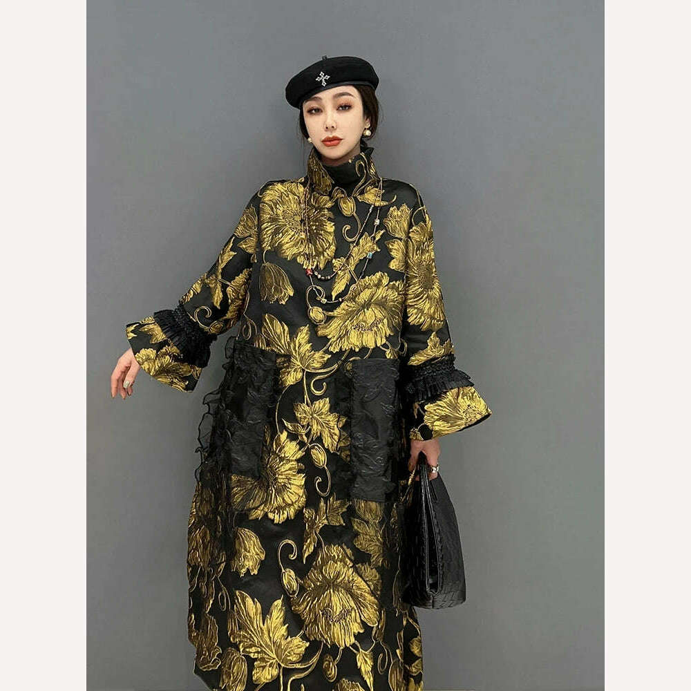 KIMLUD, The spring of 2023 new woman jacket  long sleeves Chinese wind upset jacquard lace golden costly temperament of women's clothing, KIMLUD Women's Clothes