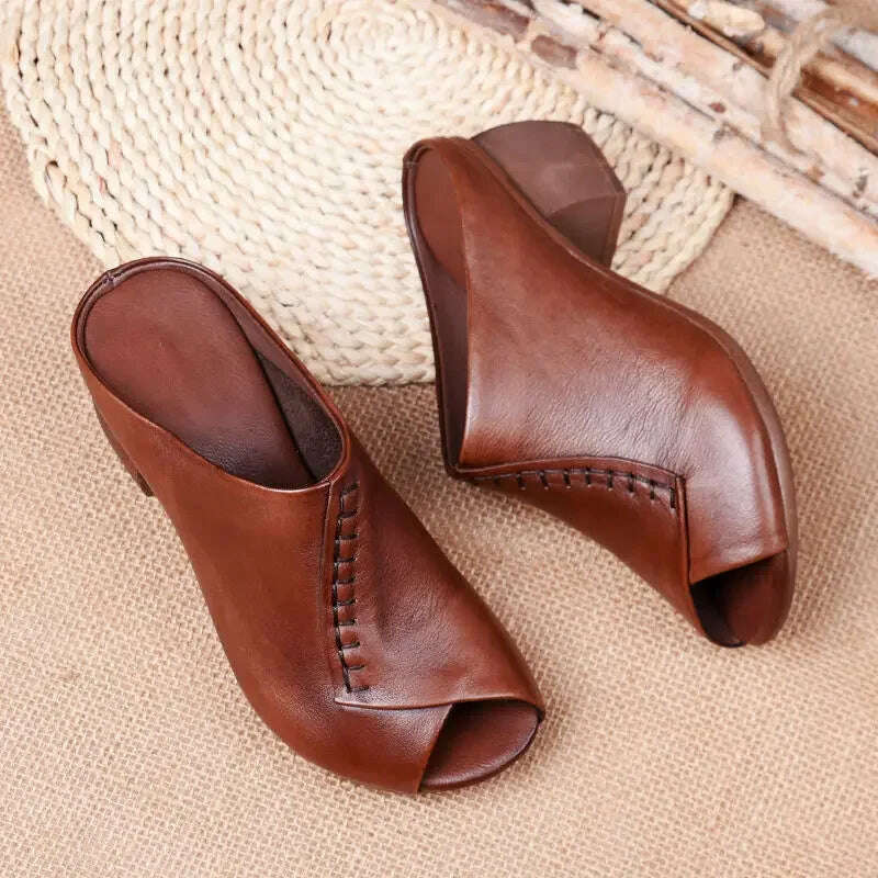 KIMLUD, Thick-heeled Soft Leather Outer Slippers Fish Mouth Comfortable Versatile Mid-heeled Women Sandals Women's Mother's Shoes Women, KIMLUD Womens Clothes