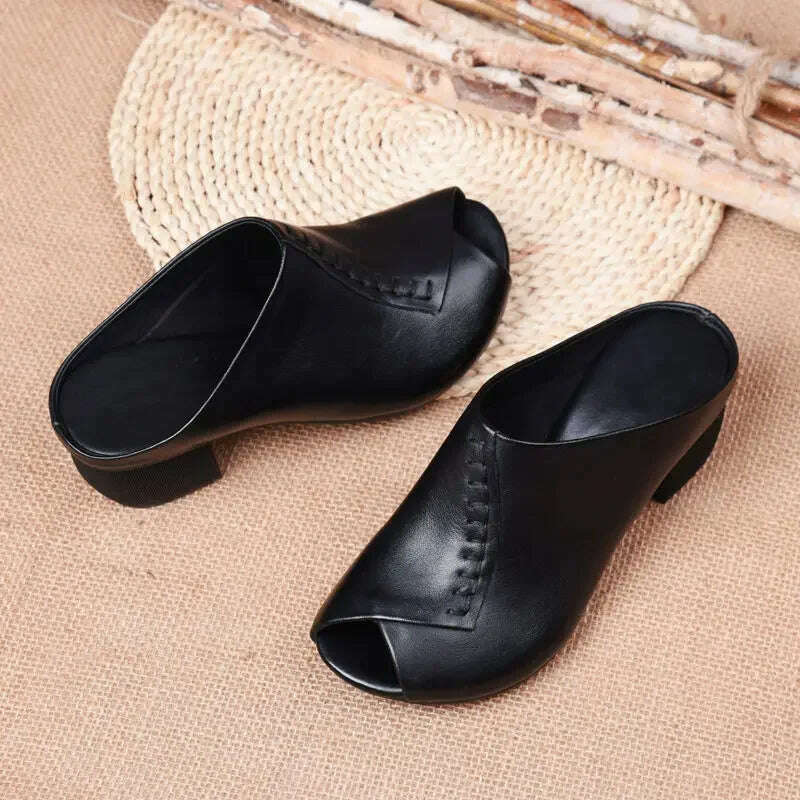 KIMLUD, Thick-heeled Soft Leather Outer Slippers Fish Mouth Comfortable Versatile Mid-heeled Women Sandals Women's Mother's Shoes Women, KIMLUD Womens Clothes